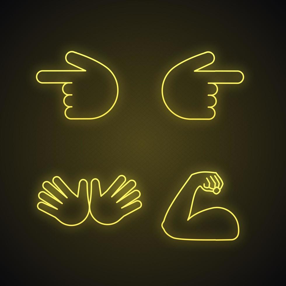 ensemble d'icônes de lumière néon emojis geste de la main. index du revers pointant à gauche et à droite, mains ouvertes, biceps fléchi. signes lumineux. illustrations vectorielles isolées vecteur