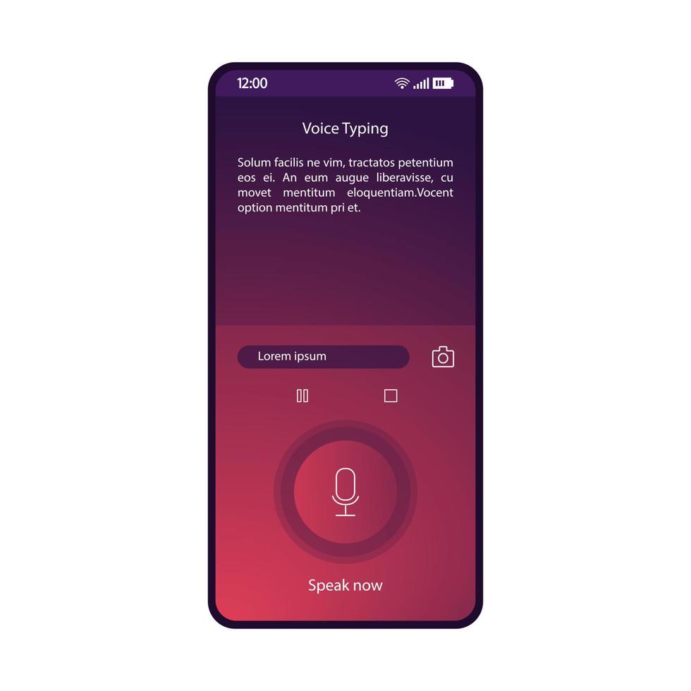 modèle de vecteur d'interface de smartphone de saisie vocale. mise en page de conception violette de la page de l'application utilitaire mobile. interface utilisateur à gradient plat de convertisseur de parole en texte. application de type audio. bouton parler maintenant sur l'écran du téléphone