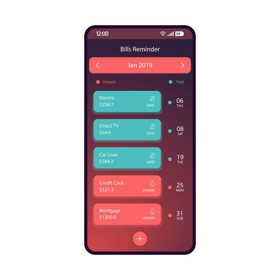 modèle de vecteur d'interface de smartphone d'application de rappel de factures. mise en page de conception violette de l'écran de la page de suivi des paiements. application mobile de calendrier de facturation. interface utilisateur plate dégradée. calendrier des finances sur l'écran du téléphone