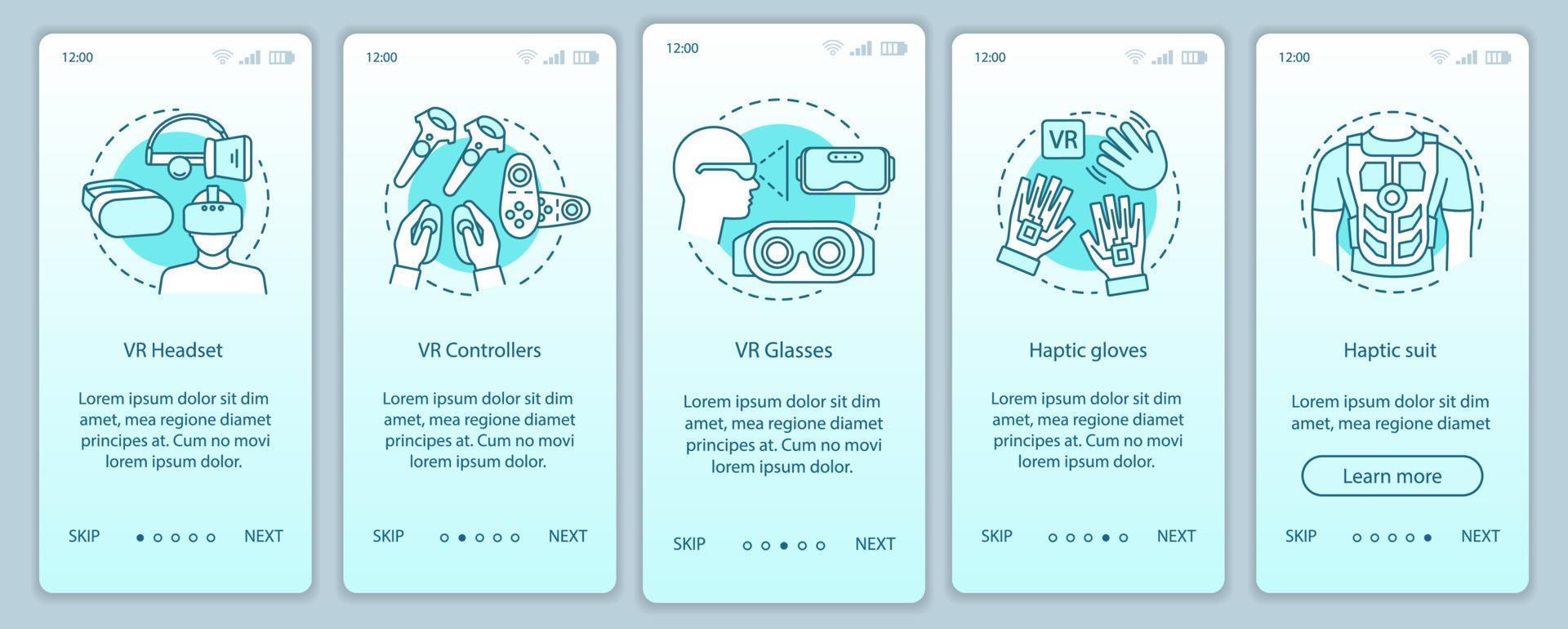 écran de page d'application mobile d'intégration de gadgets vr avec concept linéaire. casque de réalité virtuelle, contrôleur, gants, combinaison haptique pas à pas instructions graphiques vecteur