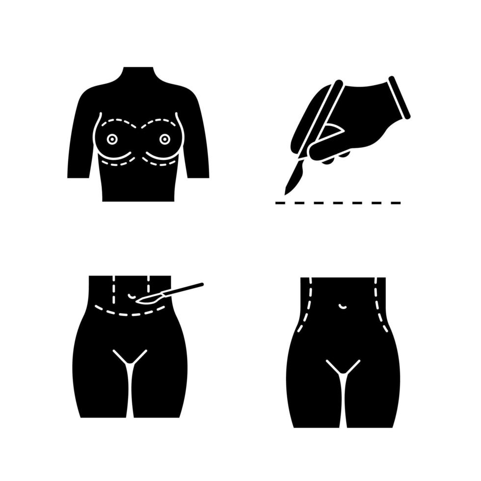 ensemble d'icônes de glyphe de chirurgie plastique. augmentation mammaire, incision chirurgicale au scalpel, abdominoplastie en plastique, correction de la taille. symboles de silhouettes. illustration vectorielle isolée vecteur