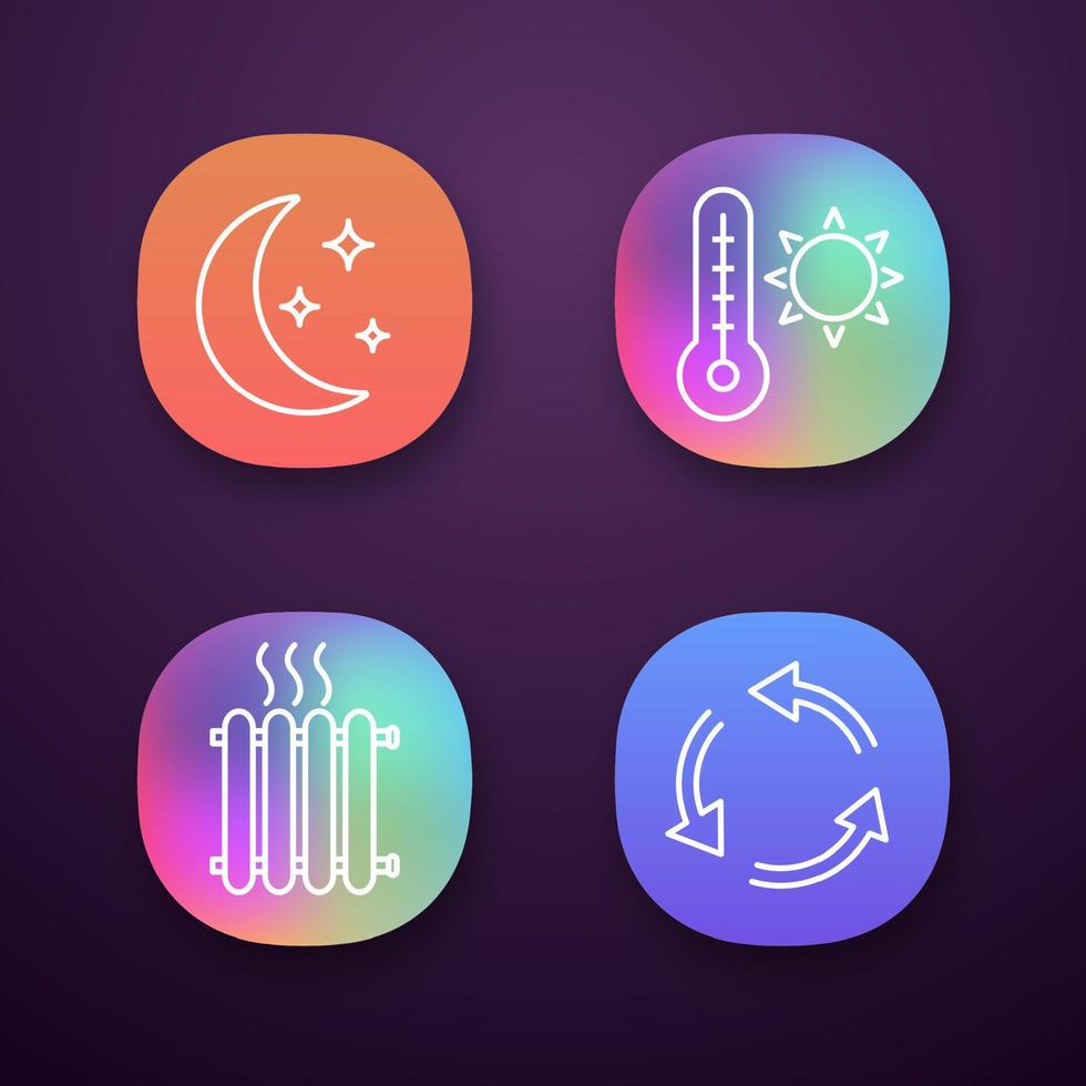 ensemble d'icônes d'application de climatisation. climat nocturne, température estivale, radiateur, ventilation. interface utilisateur ui ux. applications web ou mobiles. illustrations vectorielles isolées vecteur