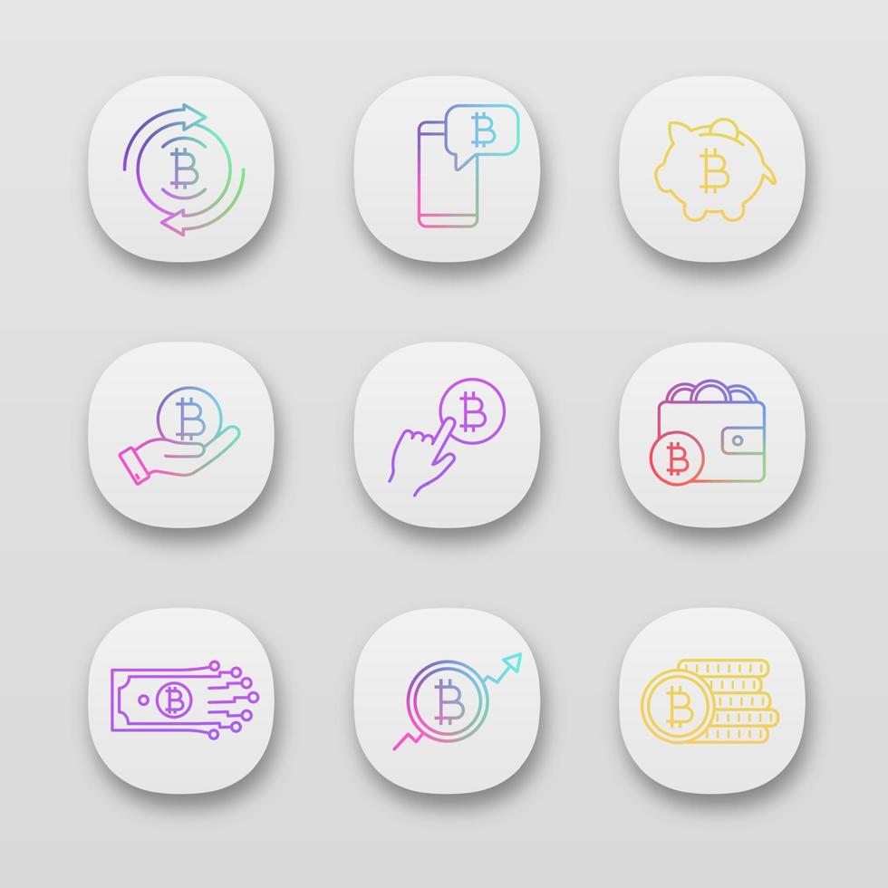 ensemble d'icônes d'application de crypto-monnaie bitcoin. interface utilisateur ux. échange de bitcoins, chat de crypto-monnaie, tirelire, paiement par clic, portefeuille, monnaie numérique, croissance du marché, pile de pièces. illustration vectorielle isolée vecteur