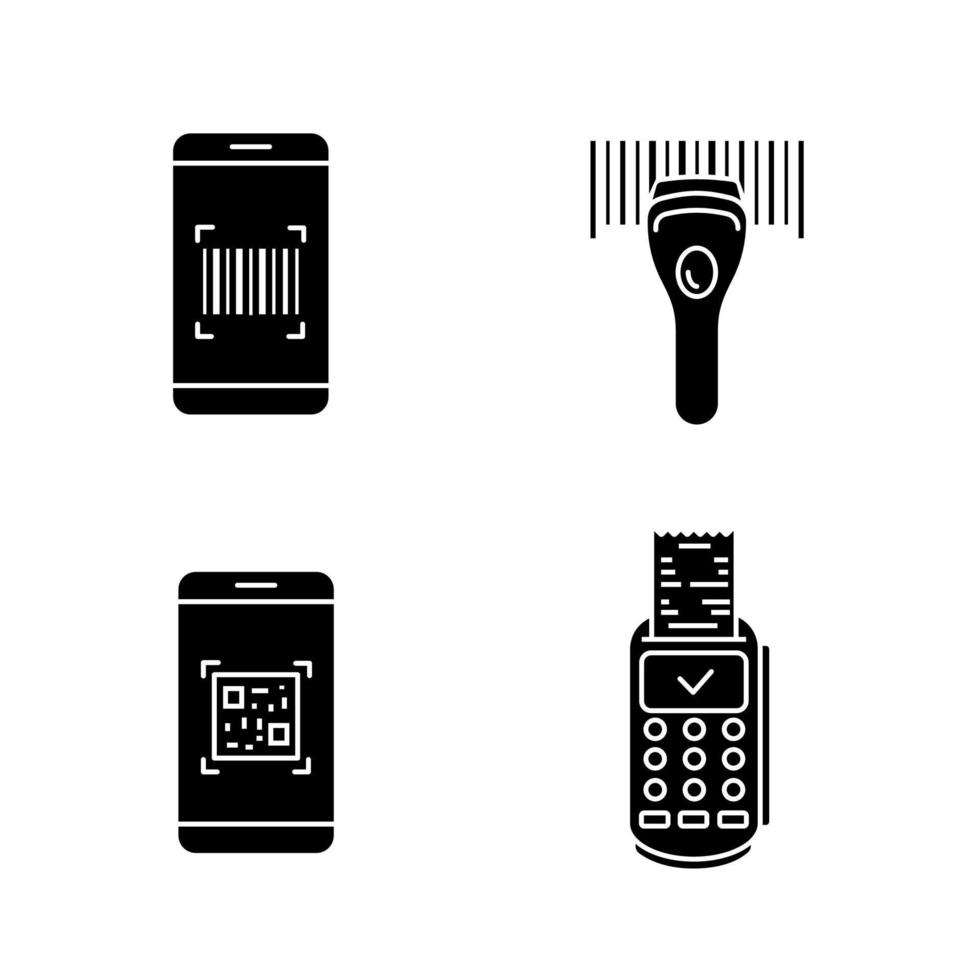 ensemble d'icônes de glyphe de codes-barres. scanner de code-barres pour smartphone, lecteur de code linéaire, application de numérisation, reçu de terminal de paiement. symboles de silhouettes. illustration vectorielle isolée vecteur