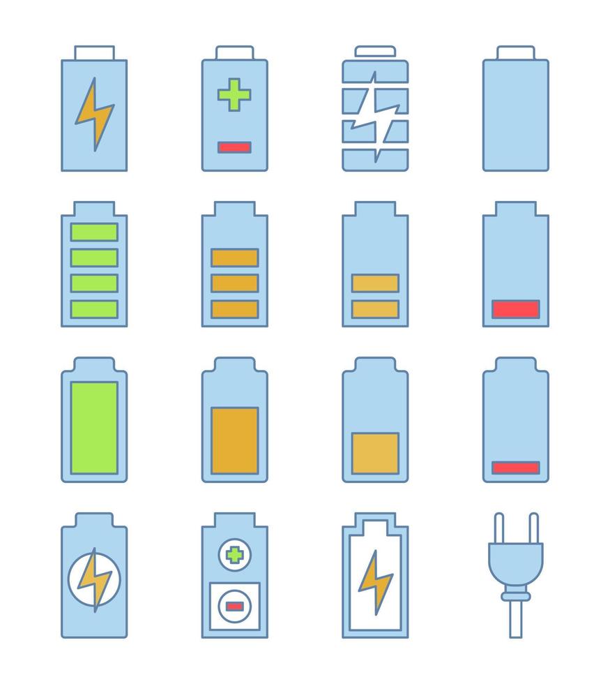 Jeu d'icônes de couleur de charge de la batterie. indicateurs de niveau de batterie. charge faible, moyenne et élevée. illustrations vectorielles isolées vecteur