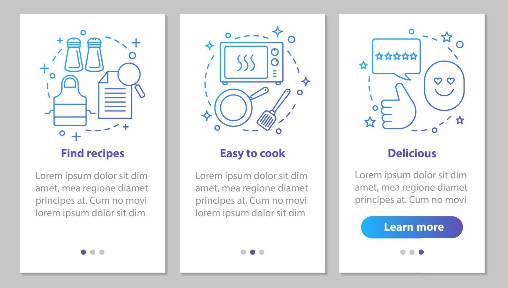 écran de page d'application mobile d'intégration de cuisine alimentaire avec des concepts linéaires. trouver des recettes, la préparation des repas, des instructions graphiques sur les étapes de plats délicieux. ux, ui, modèle vectoriel gui avec illustrations