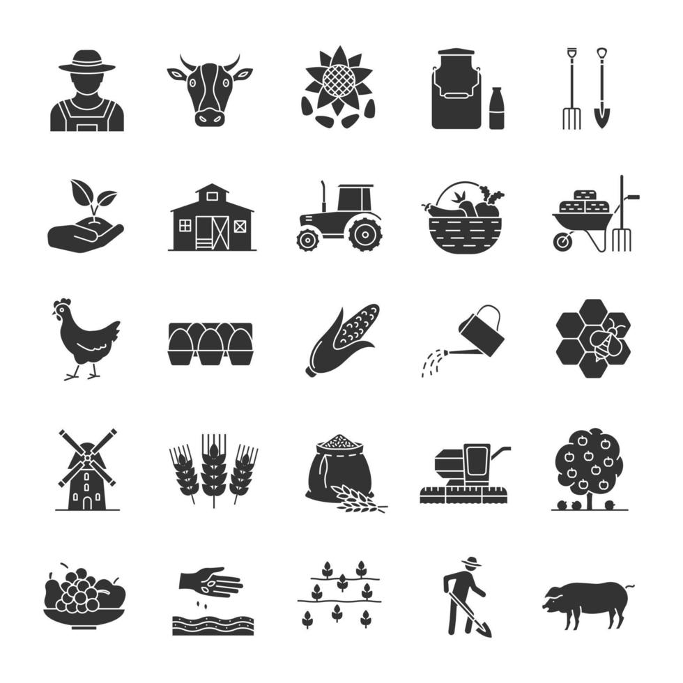ensemble d'icônes de glyphe d'agriculture. agriculture. outil agricole. symboles de silhouettes. illustration vectorielle isolée vecteur