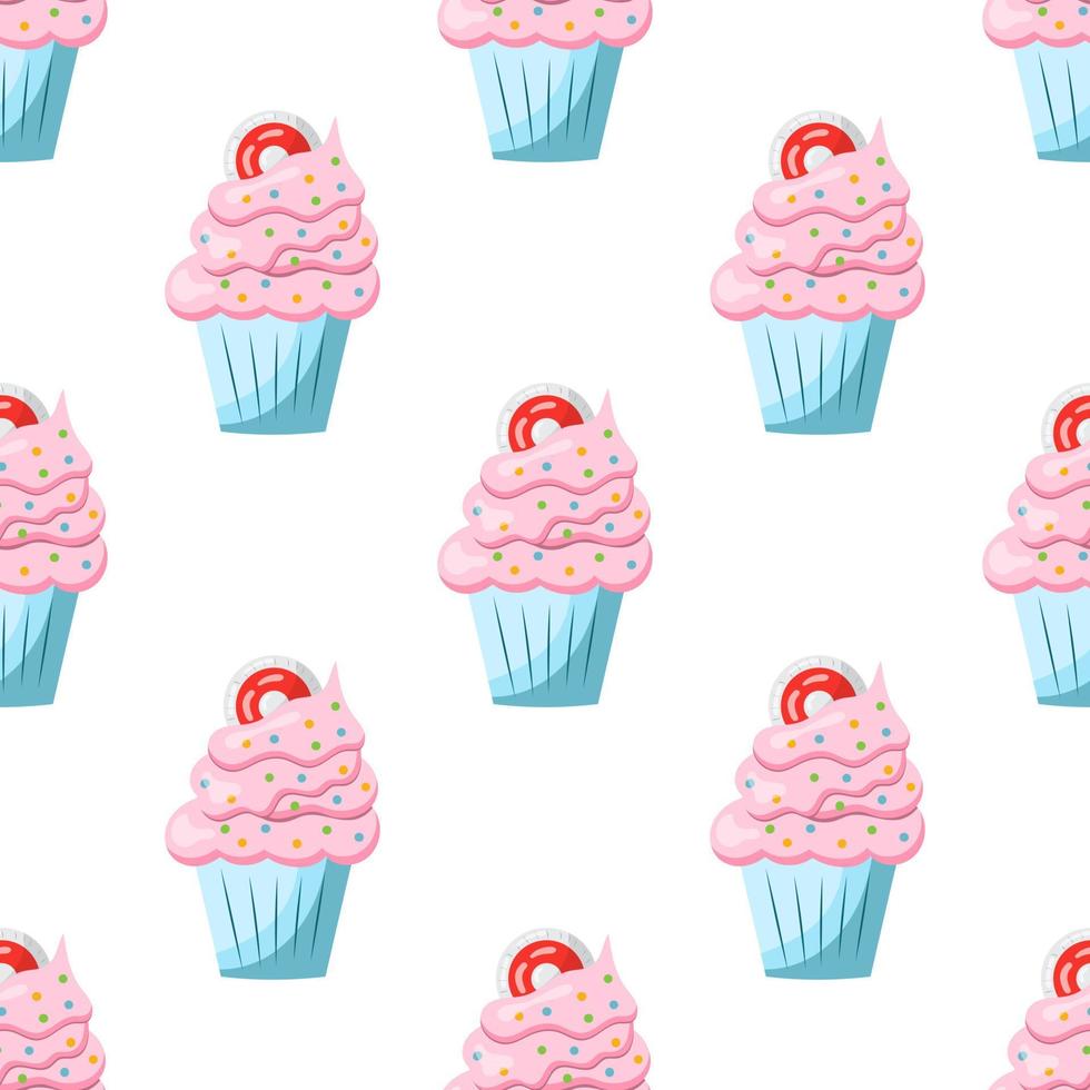 modèle de cupcake sans couture avec crème rose. illustration vectorielle sur fond blanc. vecteur