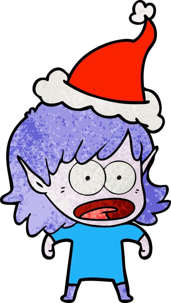 dessin animé texturé d'une fille elfe choquée portant un bonnet de noel vecteur