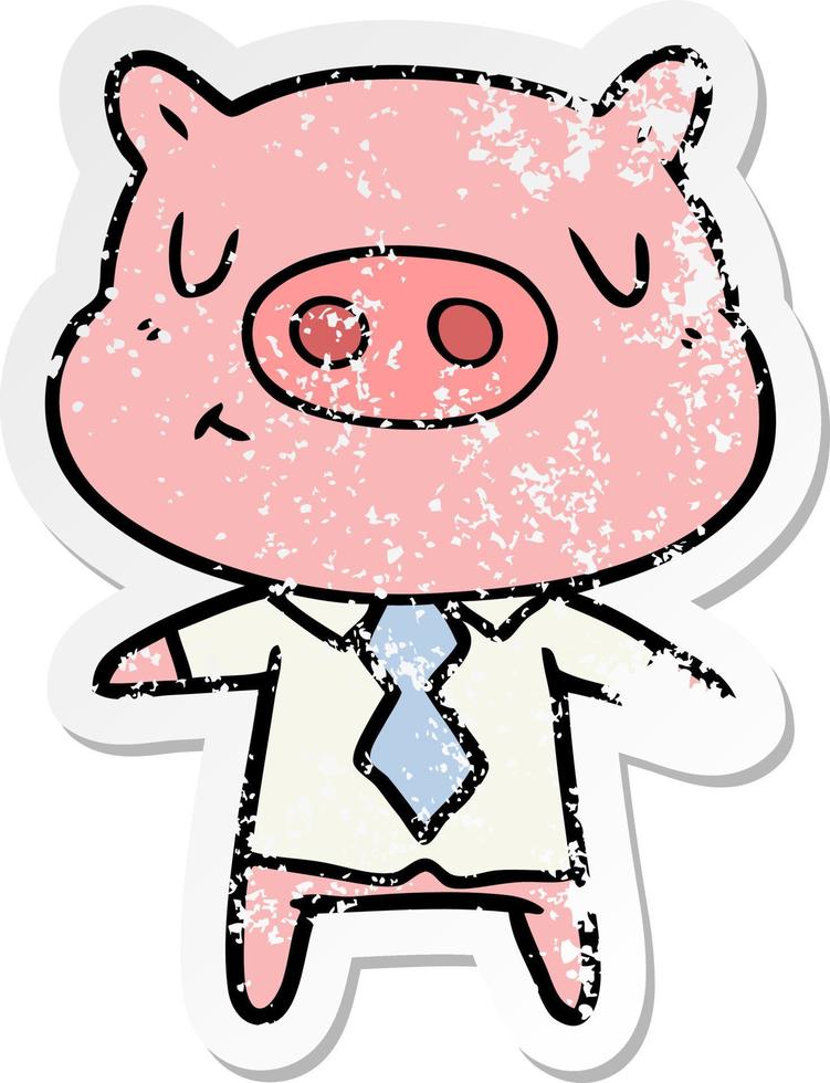 autocollant en détresse d'un cochon de contenu de dessin animé en chemise et cravate vecteur