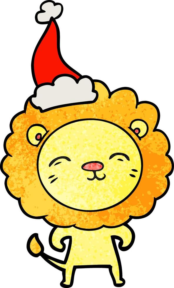 caricature texturée d'un lion portant un bonnet de noel vecteur