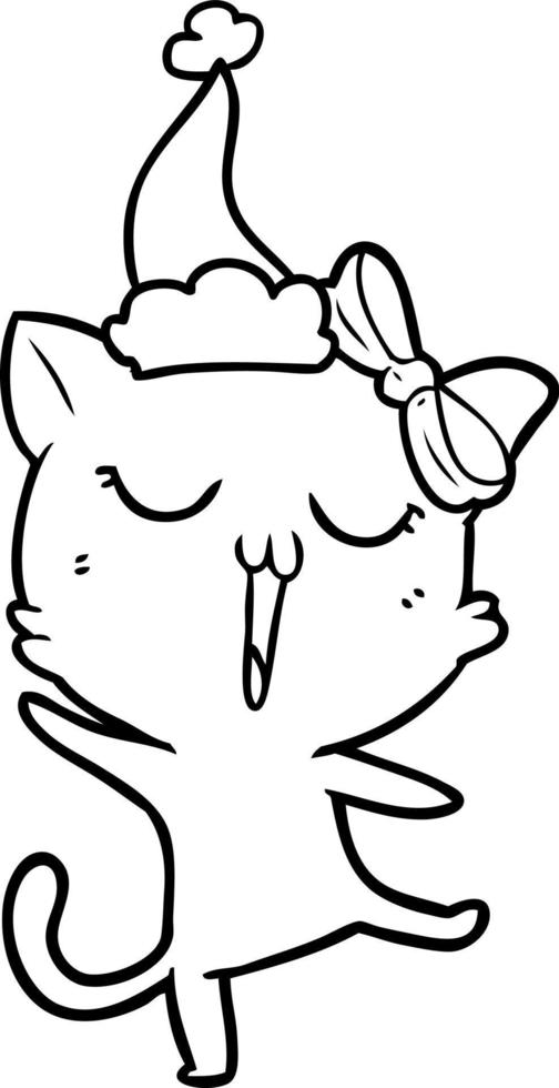 dessin au trait d'un chat portant un bonnet de noel vecteur
