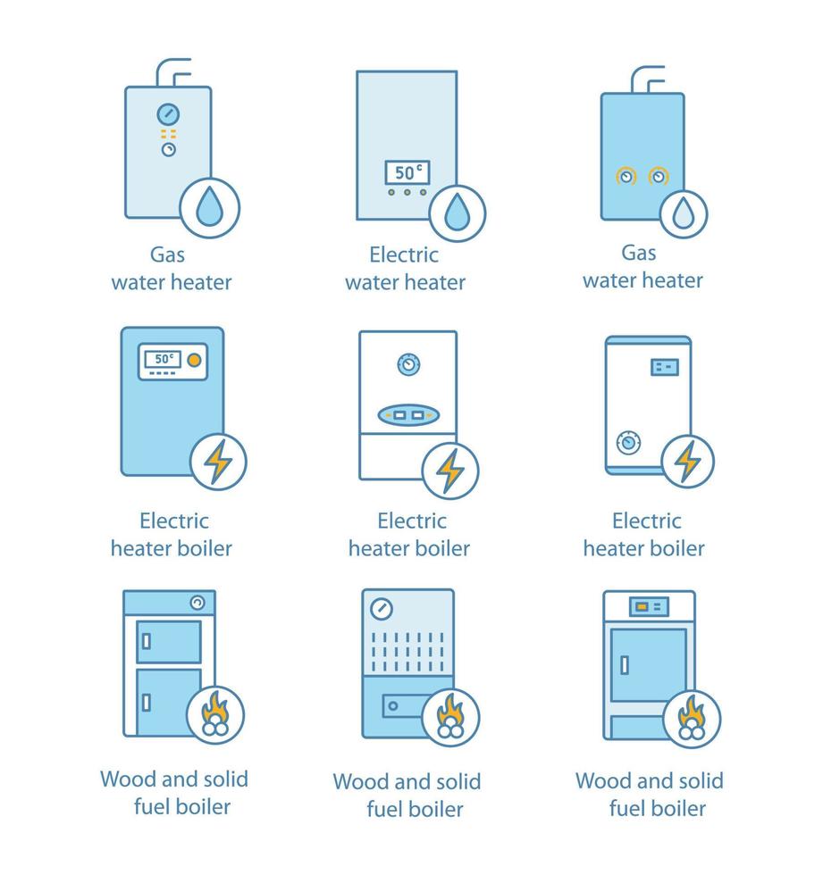 ensemble d'icônes de couleur de chauffage. gaz, électricité, combustible solide, chaudières et chauffe-eau. systèmes de chauffage central commerciaux, industriels et domestiques. illustrations vectorielles isolées vecteur