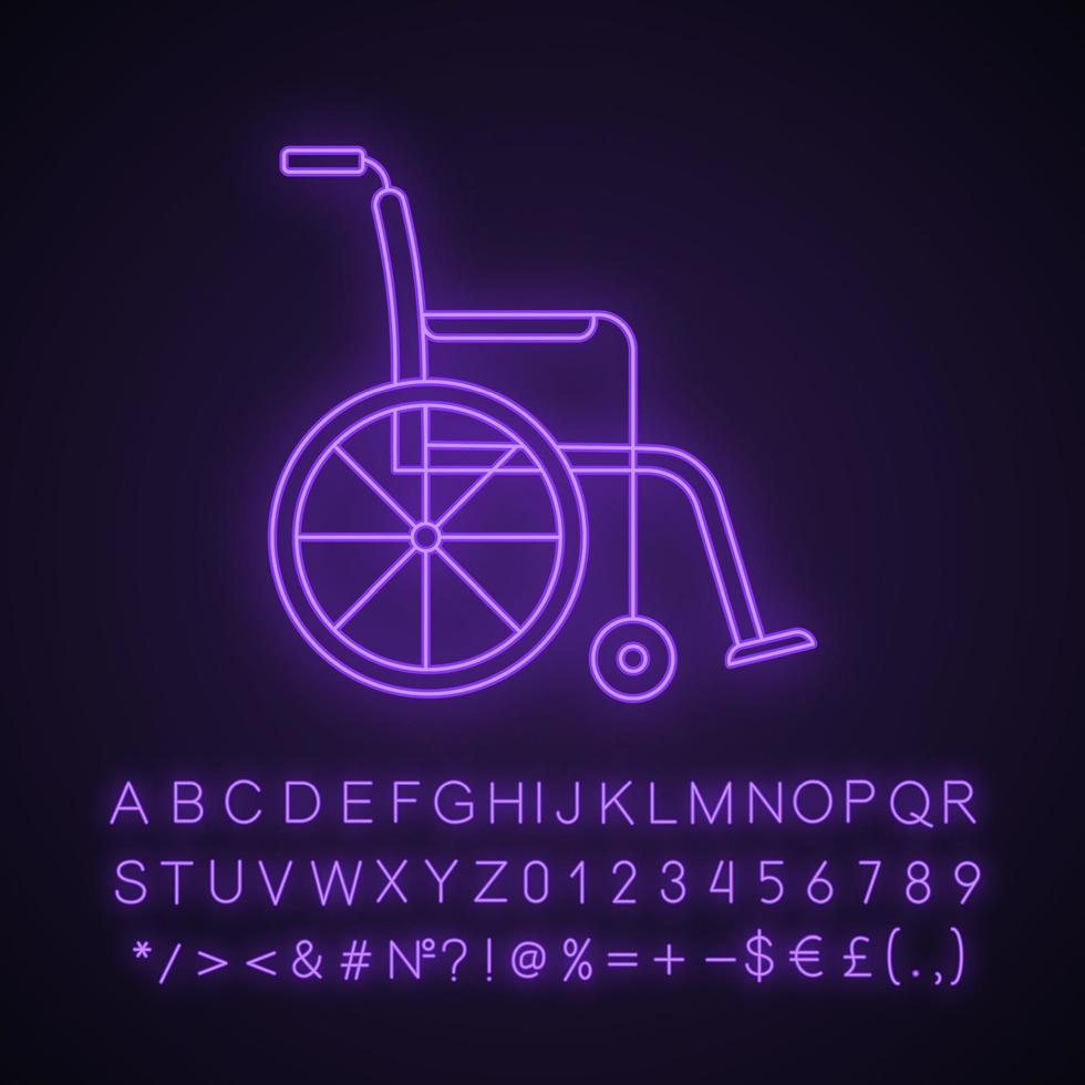 icône de néon en fauteuil roulant. fauteuil invalide. chaise roulante. signe lumineux avec alphabet, chiffres et symboles. invalidité. matériel handicapé. aide à la mobilité. illustration vectorielle isolée vecteur