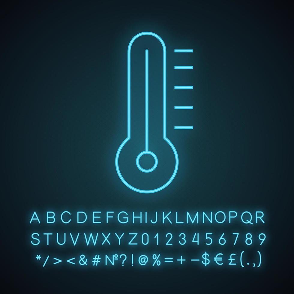 icône de thermomètre au néon. mesure de la température de l'air. signe lumineux avec alphabet, chiffres et symboles. illustration vectorielle isolée vecteur