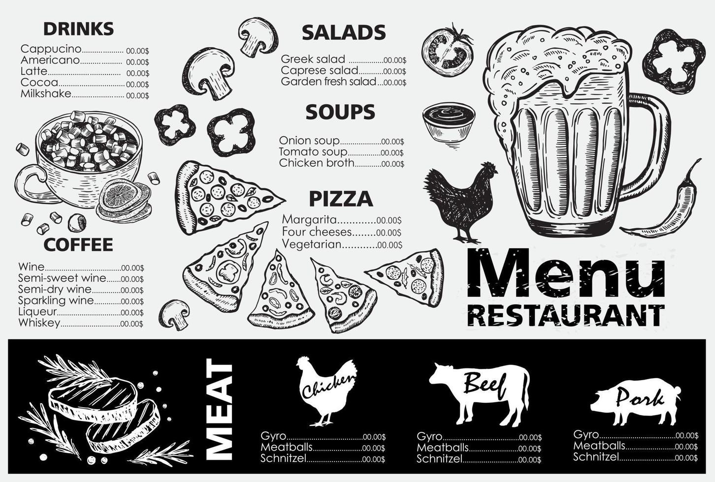 menu. illustration vectorielle dessinée à la main. modèle de conception. vecteur