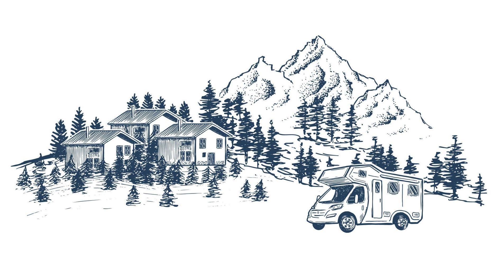 camping dans la nature, camping-car, paysage de montagne, style dessiné à la main, illustrations vectorielles. vecteur