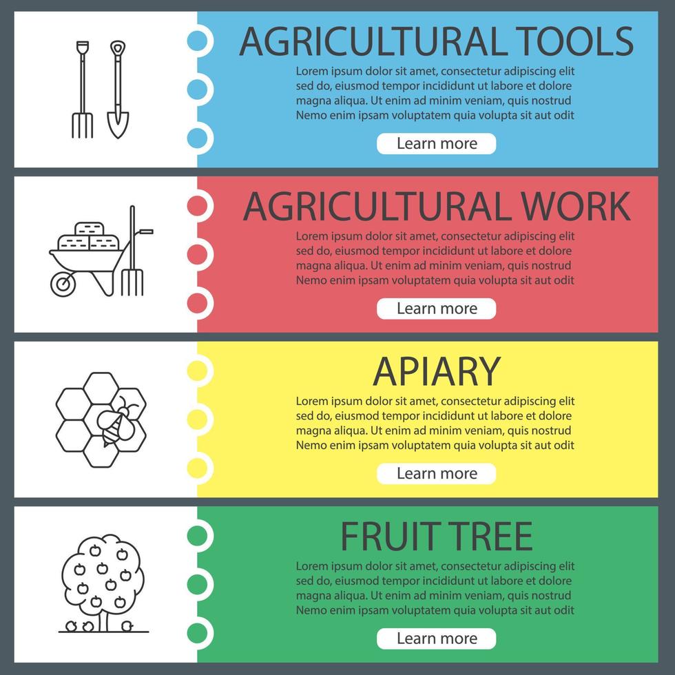 ensemble de modèles de bannière web agricole. fourche et pelle, brouette avec foins, rucher, arbre fruitier. éléments de menu couleur du site Web avec des icônes linéaires. concepts de conception d'en-têtes vectoriels vecteur