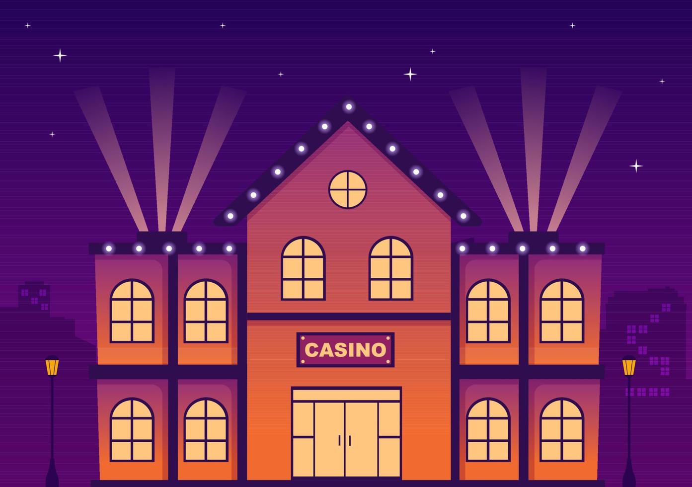 illustration de dessin animé de bâtiment de casino avec architecture, lumières et fond violet pour la conception de style de jeu vecteur