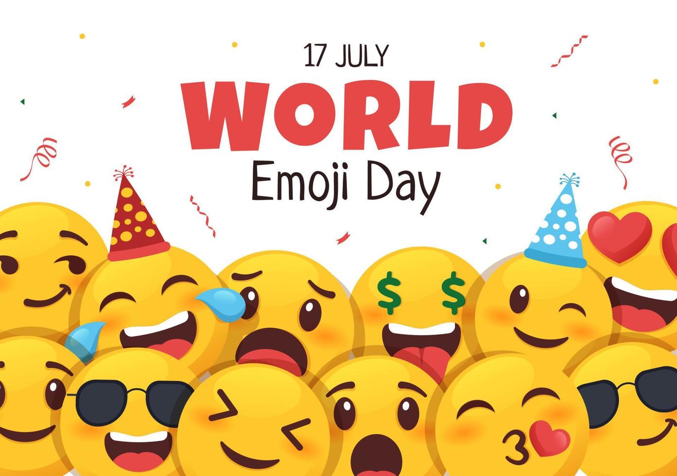 célébration de la journée mondiale des emoji avec des événements et des sorties de produits dans différentes expressions faciales sous forme de dessin animé mignon en illustration de fond plat vecteur