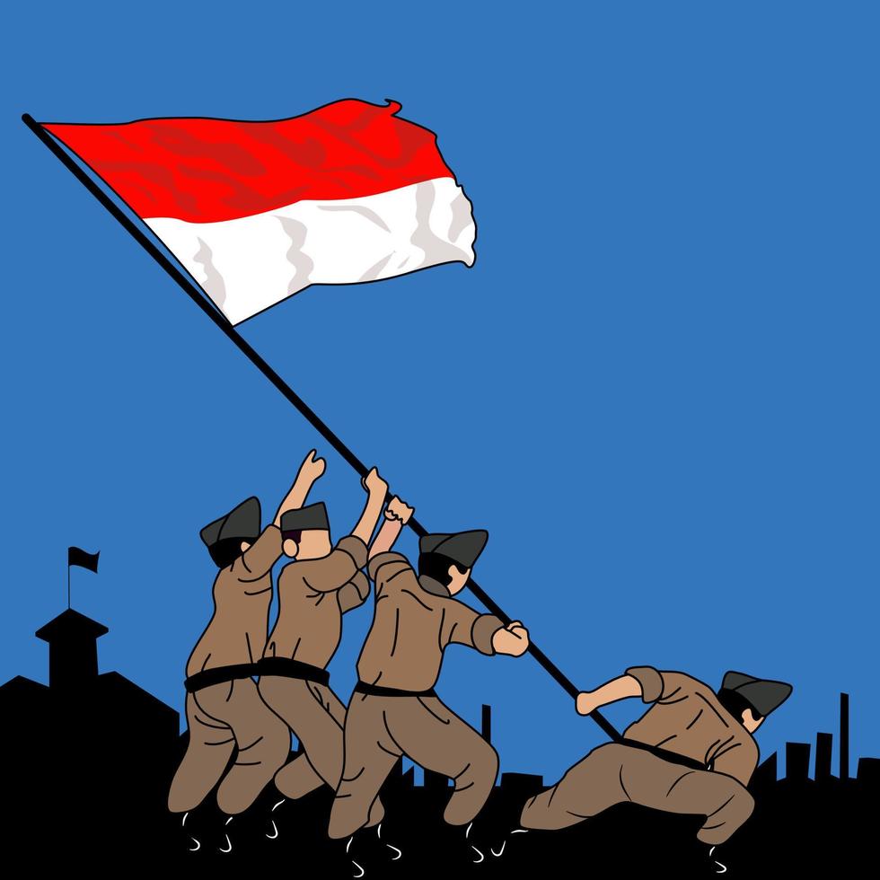 armée indonésienne levant le drapeau rouge et blanc vecteur