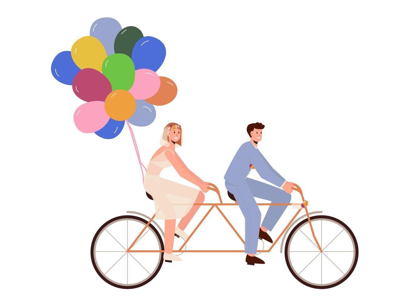 vélo double avec les jeunes mariés et montgolfières. un couple marié fait du vélo. illustration vectorielle vecteur