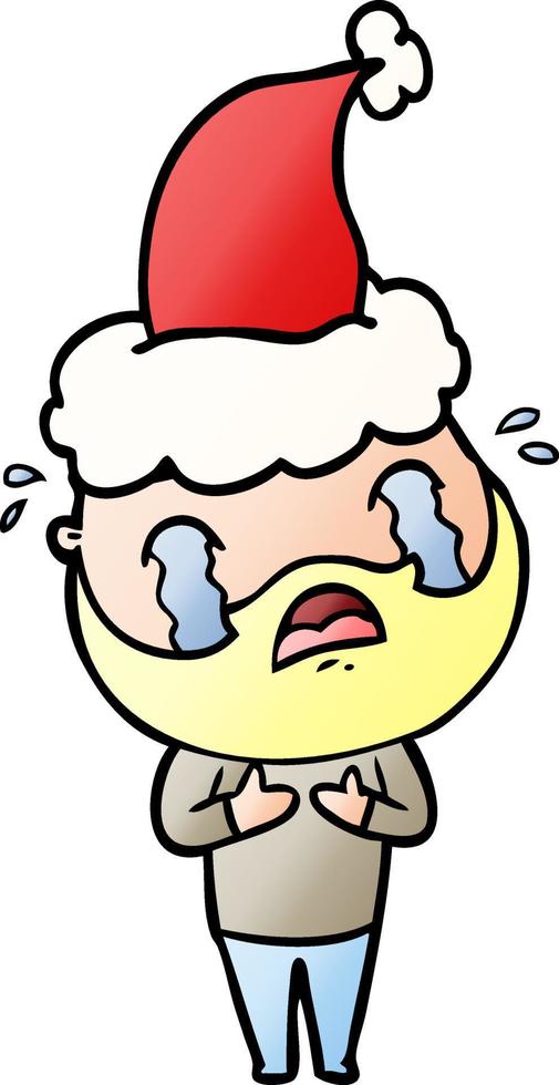 dessin animé dégradé d'un homme barbu pleurant portant un bonnet de noel vecteur