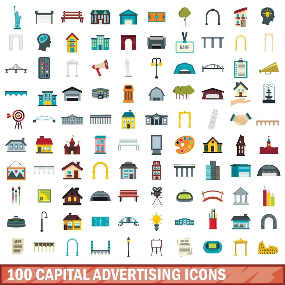 Ensemble de 100 icônes publicitaires capitales, style plat vecteur