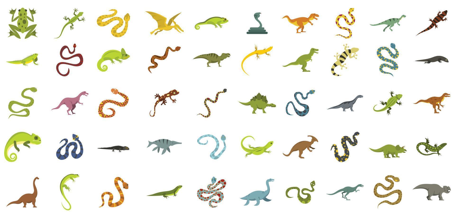 jeu d'icônes de reptiles, style plat vecteur