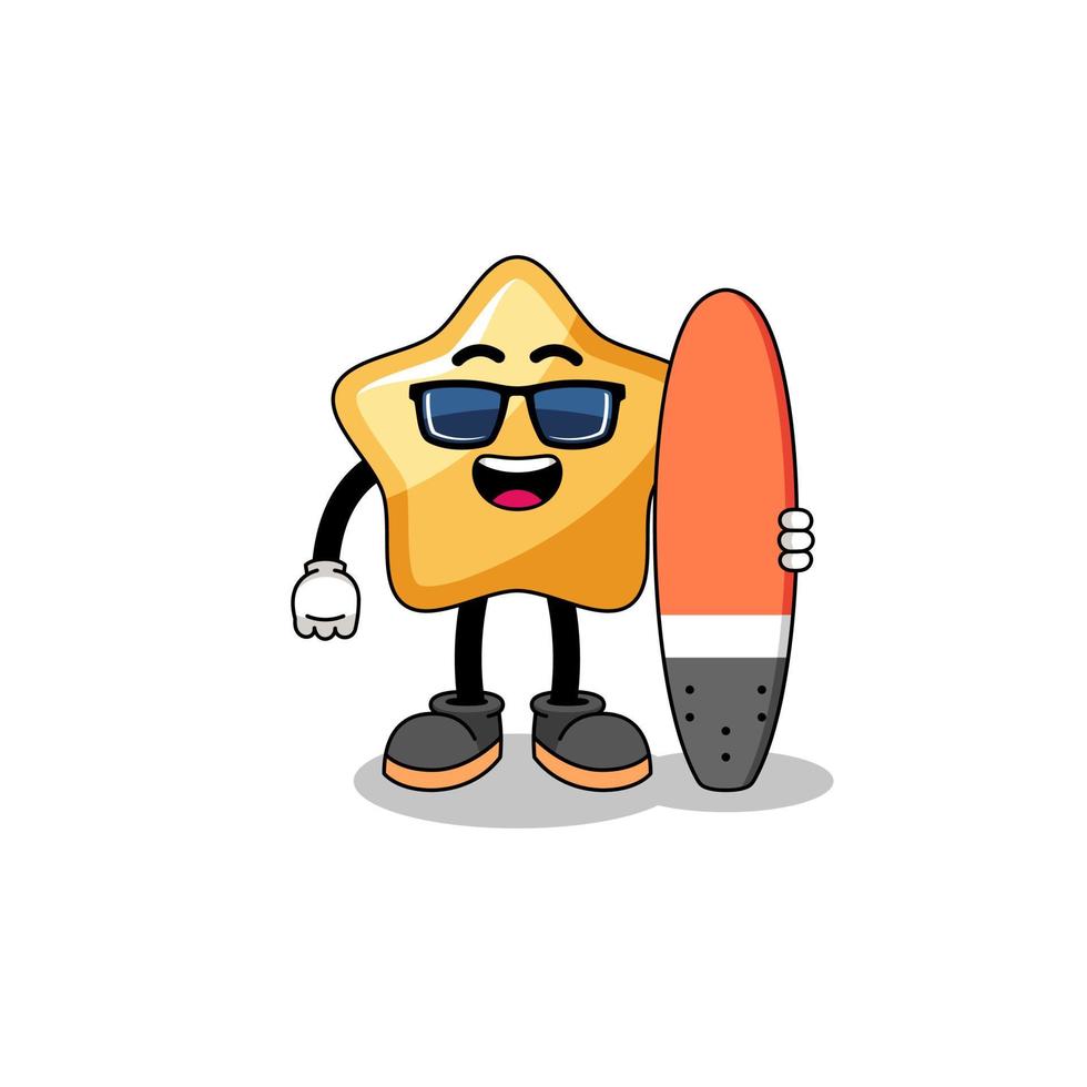 caricature de mascotte de star en tant que surfeur vecteur
