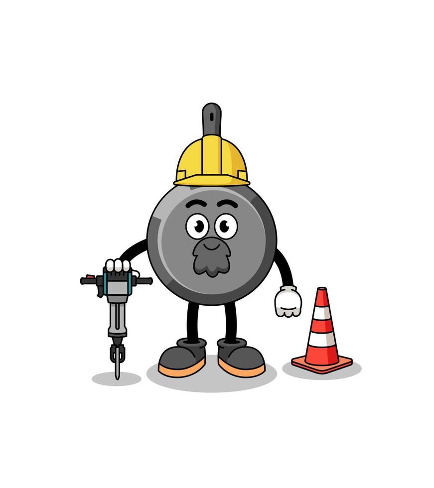 caricature de personnage de poêle à frire travaillant sur la construction de routes vecteur