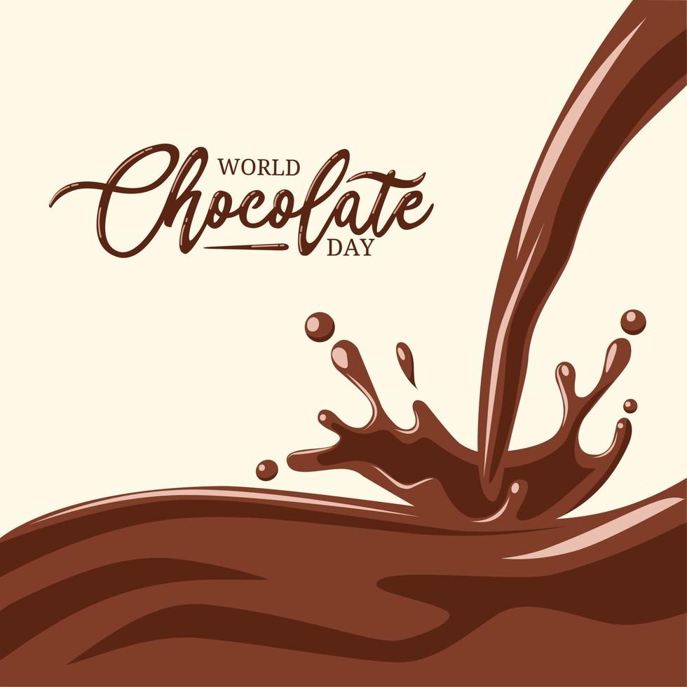 illustration vectorielle, éclaboussures de chocolat fondu, journée mondiale du chocolat manuscrite, idées d'affiches ou d'emballages. vecteur