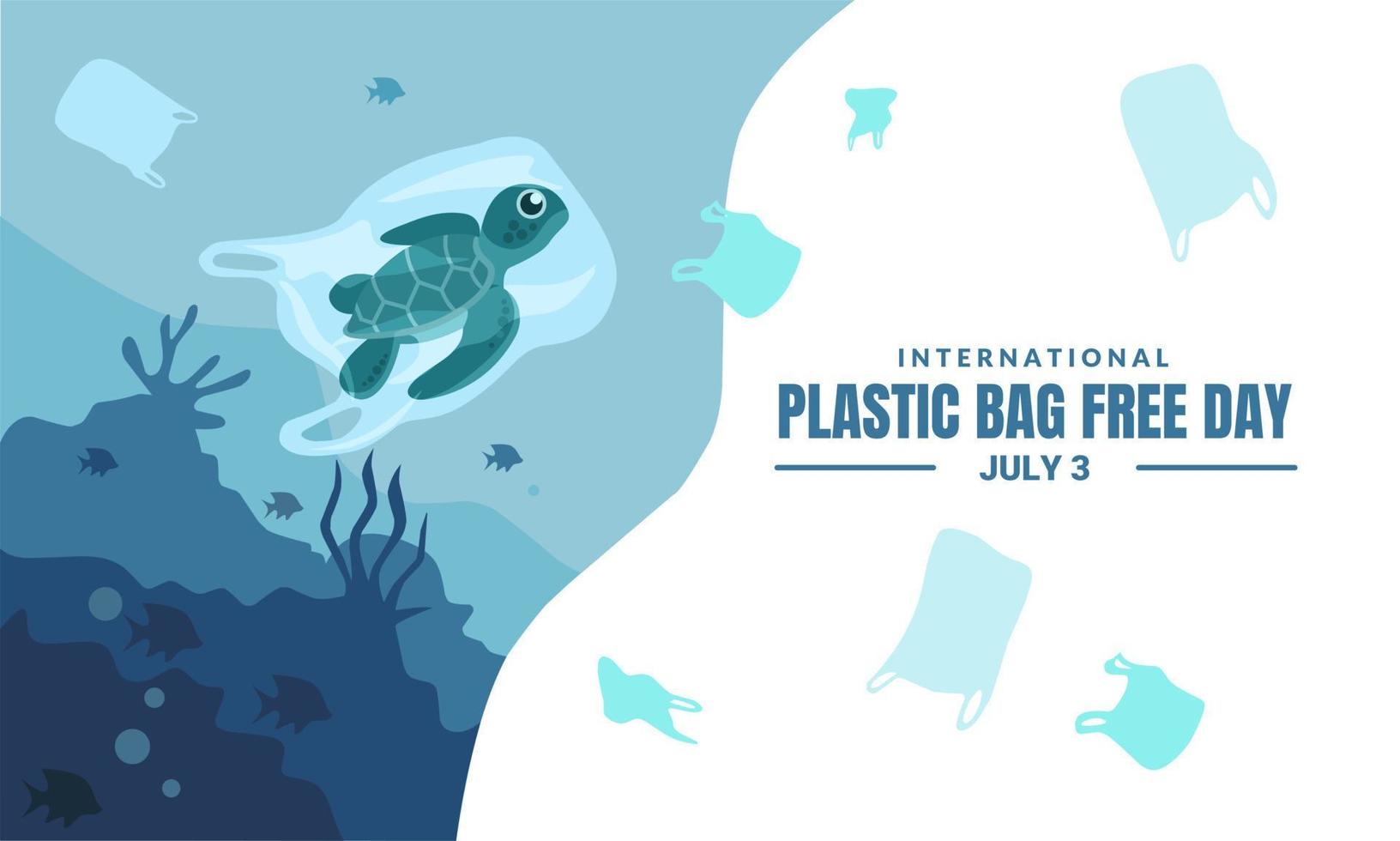 journée internationale sans sacs en plastique, dites non au plastique, sauvez la nature, sauvez l'océan, journée mondiale de l'océan, tortue de mer dans un sac en plastique, illustration vectorielle. vecteur