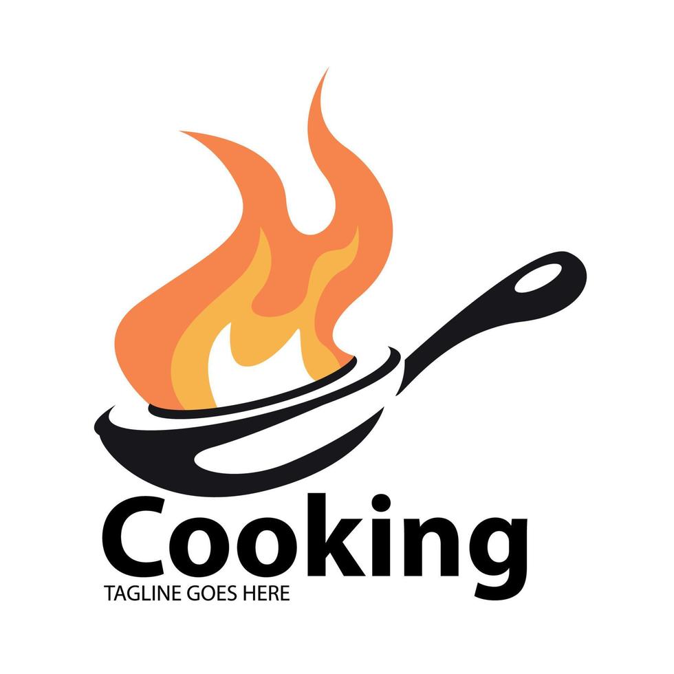 logo de cuisine avec des flammes dans une poêle à frire. cuisson au feu. nourriture de la couronne. logo et icône de cuisine vecteur