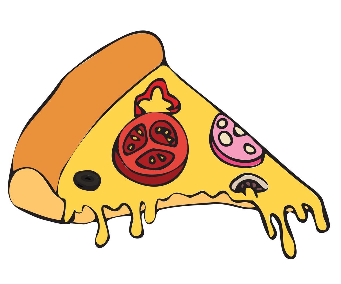 une tranche de pizza avec saucisse, champignons, tomate, poivrons, olives et fromage à tartiner. Fast food. l'alimentation de rue. illustration de stock de vecteur. vecteur