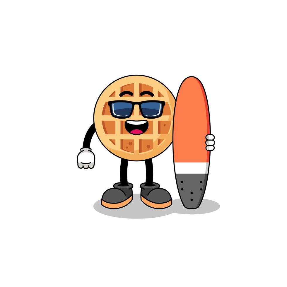 caricature de mascotte de gaufre circulaire en tant que surfeur vecteur