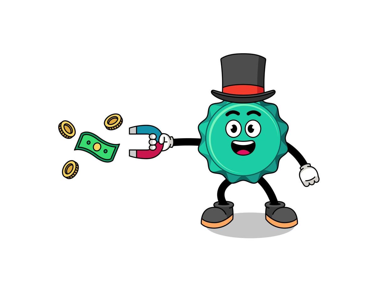 illustration de caractère d'un bouchon de bouteille attrapant de l'argent avec un aimant vecteur