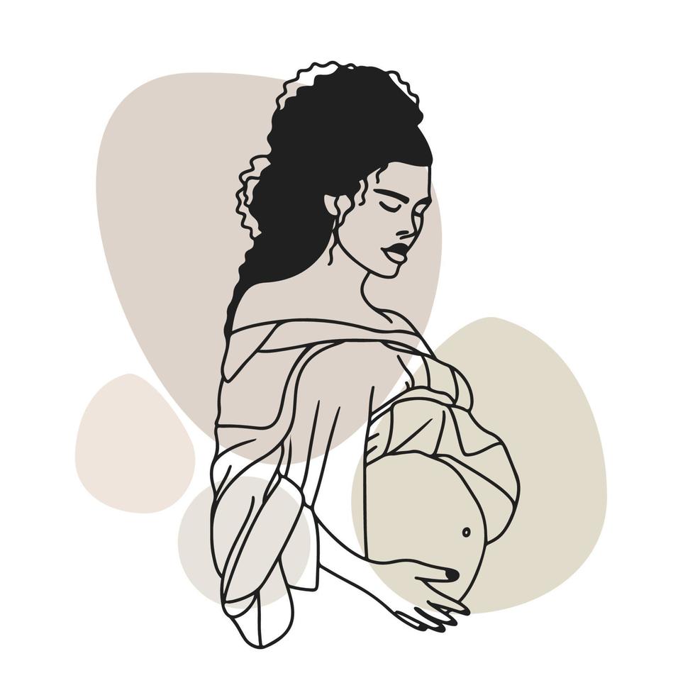 fille enceinte aux cheveux noirs, portant un cardigan, doodle vecteur