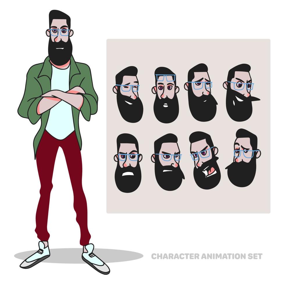 jeu d'animation de personnages, barbu avec des lunettes, pleine longueur, création de personnes avec des émotions, animation de visage vecteur