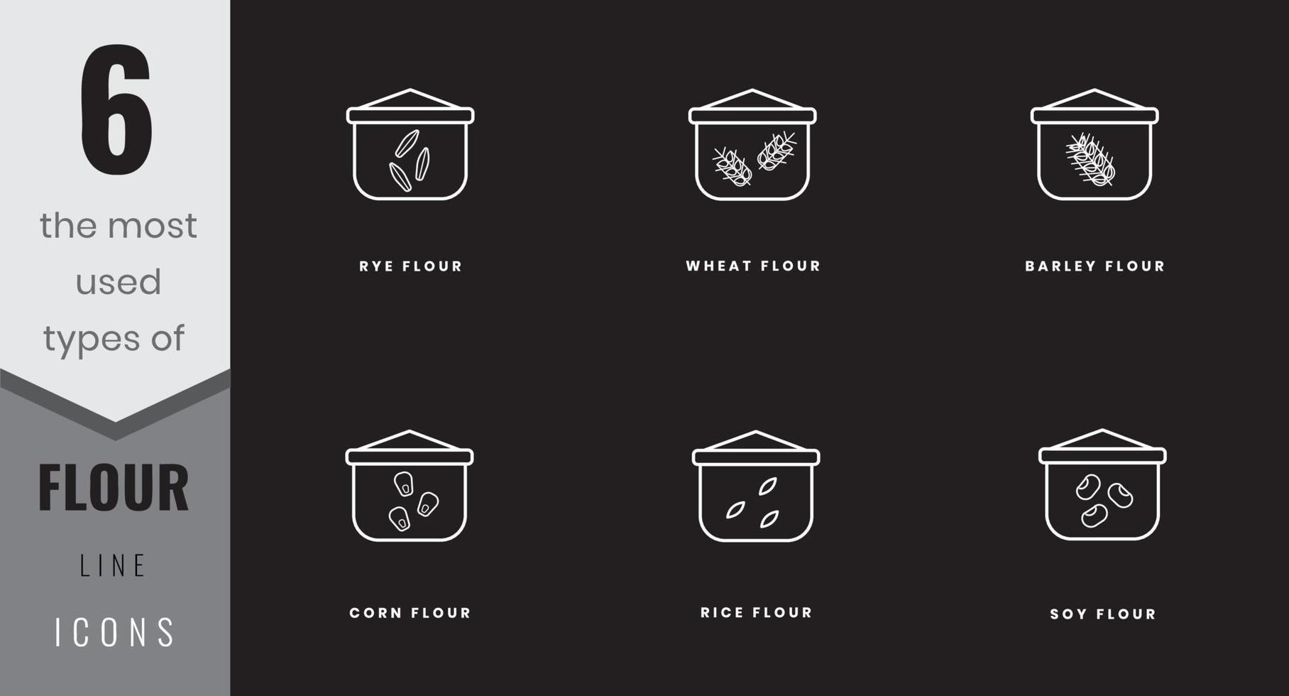 les types d'icônes de ligne de farine les plus utilisés. seigle, blé, orge, soja, riz et cor. dans les styles lineart, contour, solide et coloré. pour la conception de site Web, application mobile, logiciel vecteur