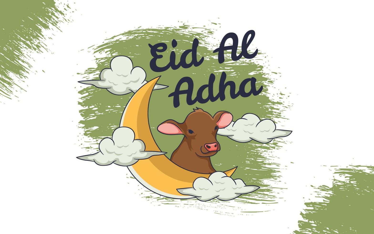 eid al adha avec illustration de la lune, de la vache et du nuage vecteur