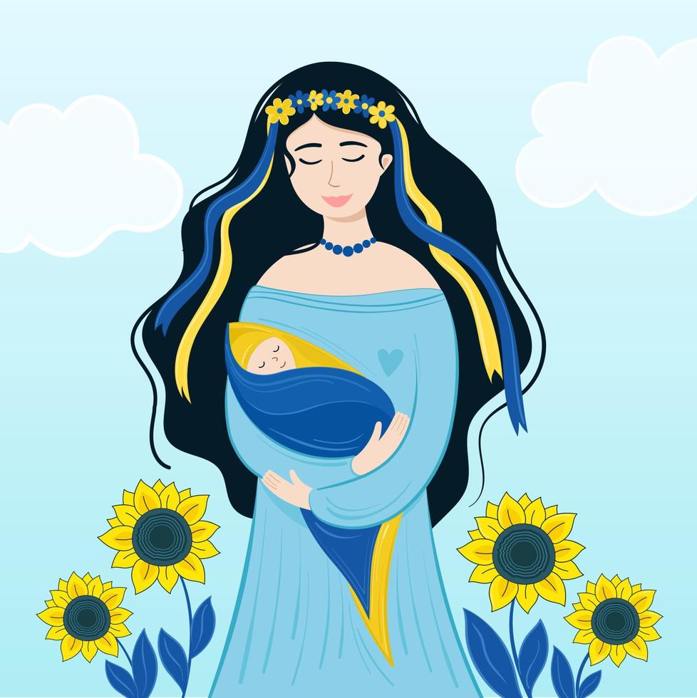 illustration vectorielle femme ukrainienne avec son bébé. drapeau ukrainien vecteur