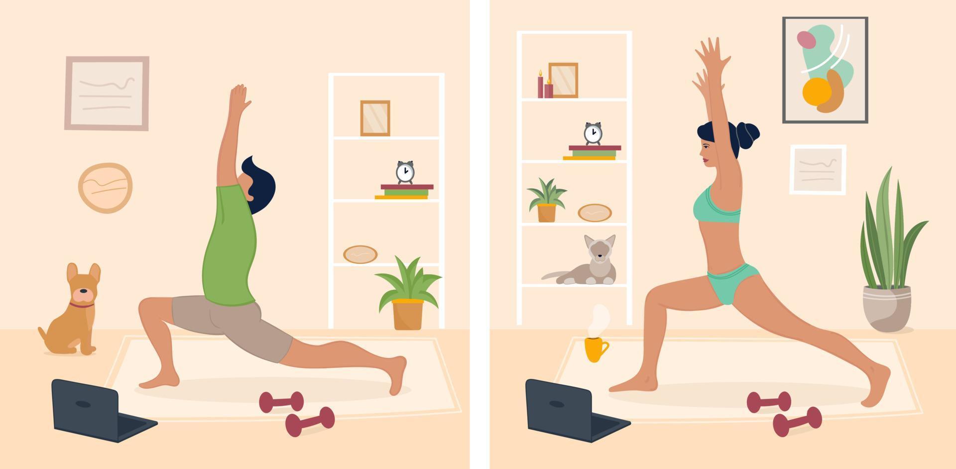 illustration vectorielle homme faisant du yoga dans son appartement avec chien et femme avec chat vecteur