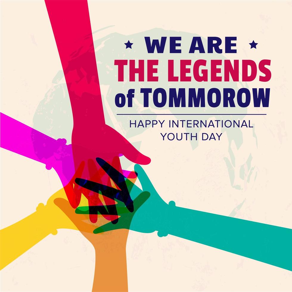 illustration vectorielle de bannière d'affiche de la journée internationale de la jeunesse avec les mains se joignant. vecteur