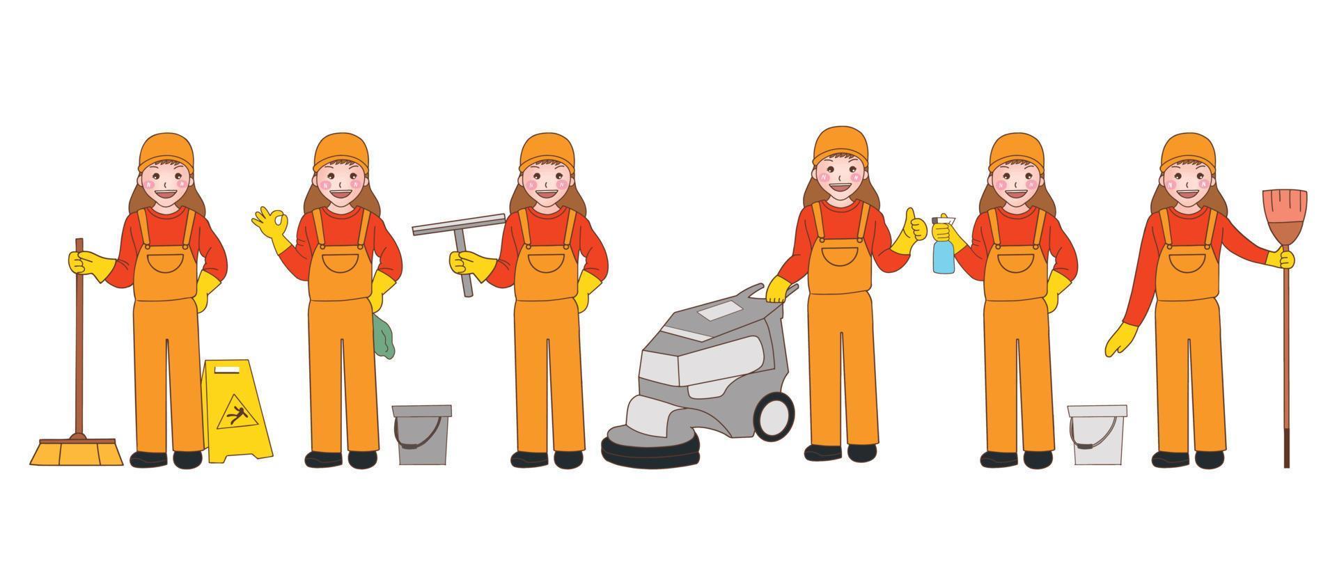 ensemble de personnage de femme plus propre en chemise propre orange avec des outils de nettoyage et de protection vecteur