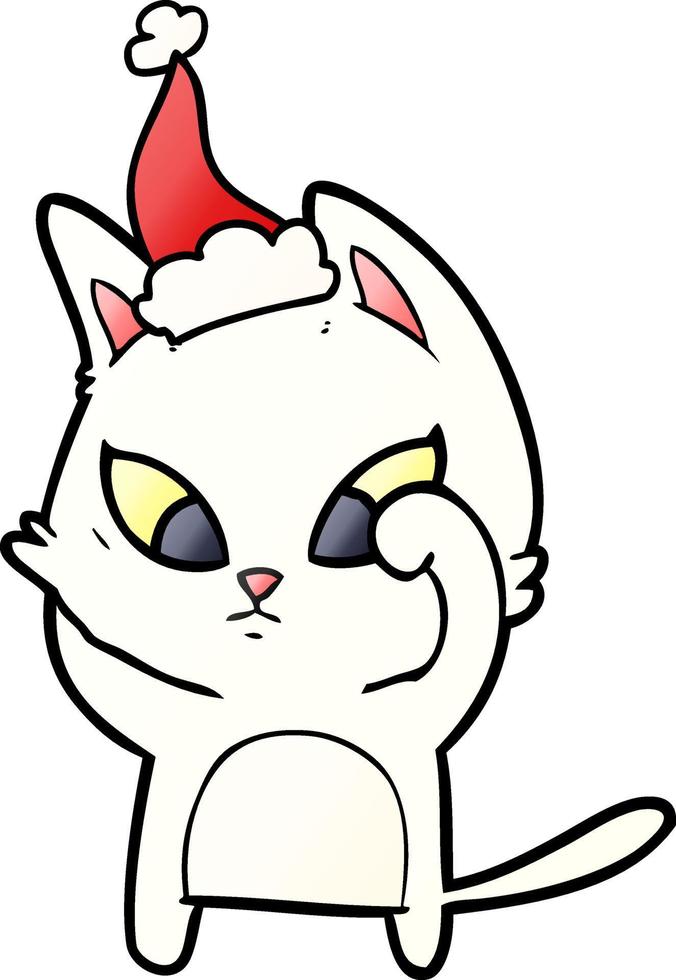 dessin animé dégradé confus d'un chat portant un bonnet de noel vecteur