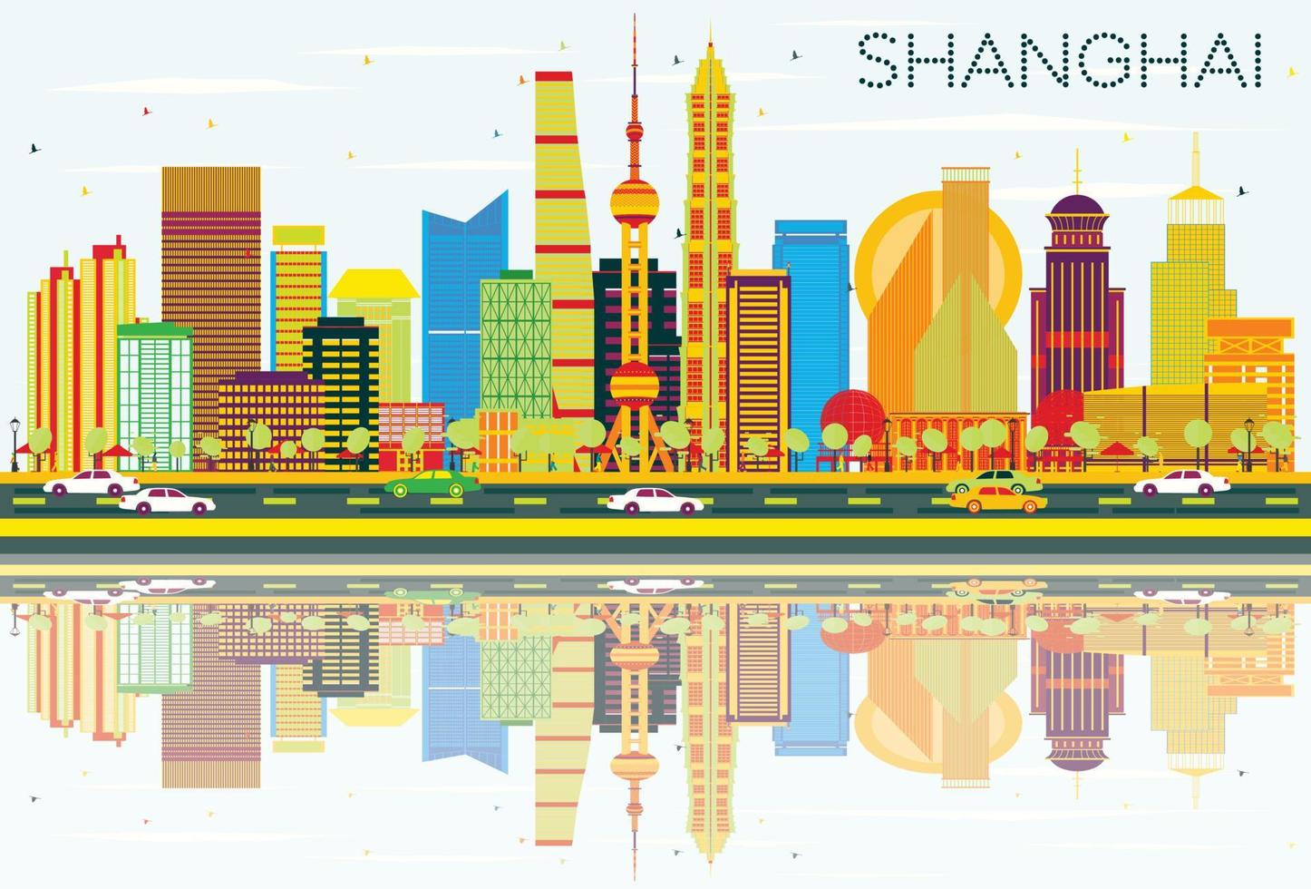 horizon abstrait de shanghai avec des bâtiments de couleur, un ciel bleu et des reflets. vecteur