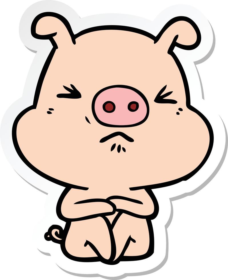 autocollant d'un cochon en colère de dessin animé assis en attente vecteur