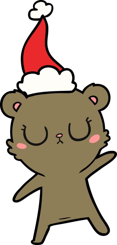 dessin au trait paisible d'un ours portant un bonnet de noel vecteur