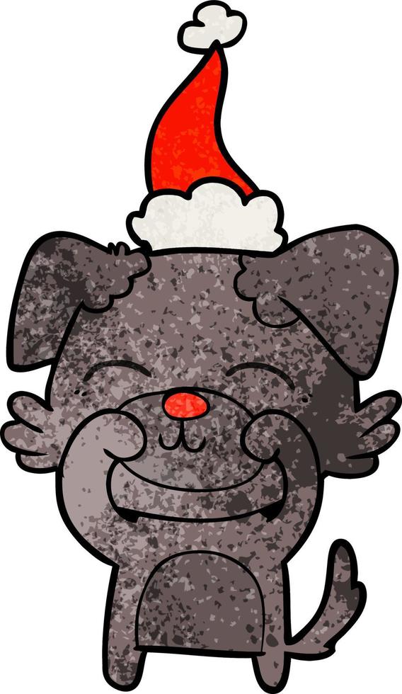 dessin animé texturé d'un chien portant un bonnet de noel vecteur
